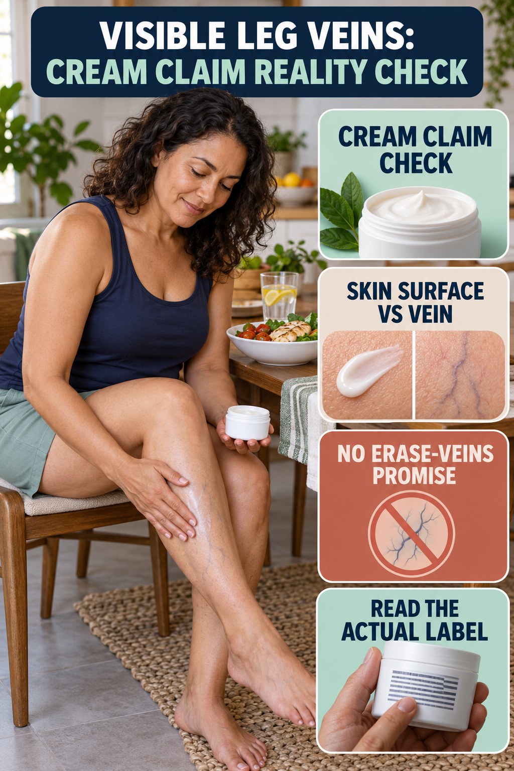 Cream Claim Reality Check infographic for Low Calorie Meals, showing body-neutral visible-leg-vein appearance care and the boundary between temporary cosmetic support and treatment.