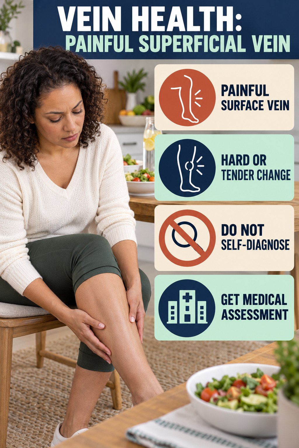 Painful Superficial Vein infographic for Low Calorie Meals, explaining vein-health warning signs and the appropriate next action without diagnosing a condition.