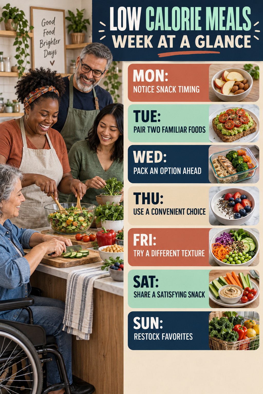 Weekly Low Calorie Meals plan graphic with concise Monday-to-Sunday actions and flexible recovery guidance.