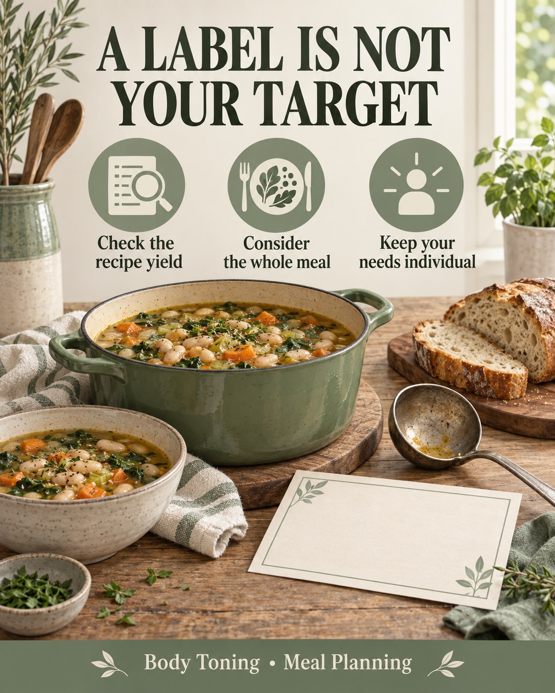 A vegetable and bean soup meal beside a plain recipe card with reminders to check servings and personal needs.