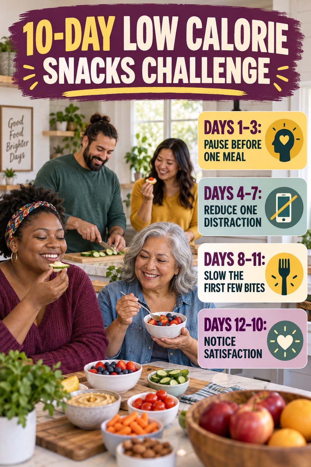 10-day Low Calorie Snacks challenge graphic showing four manageable milestones for consistent practice.