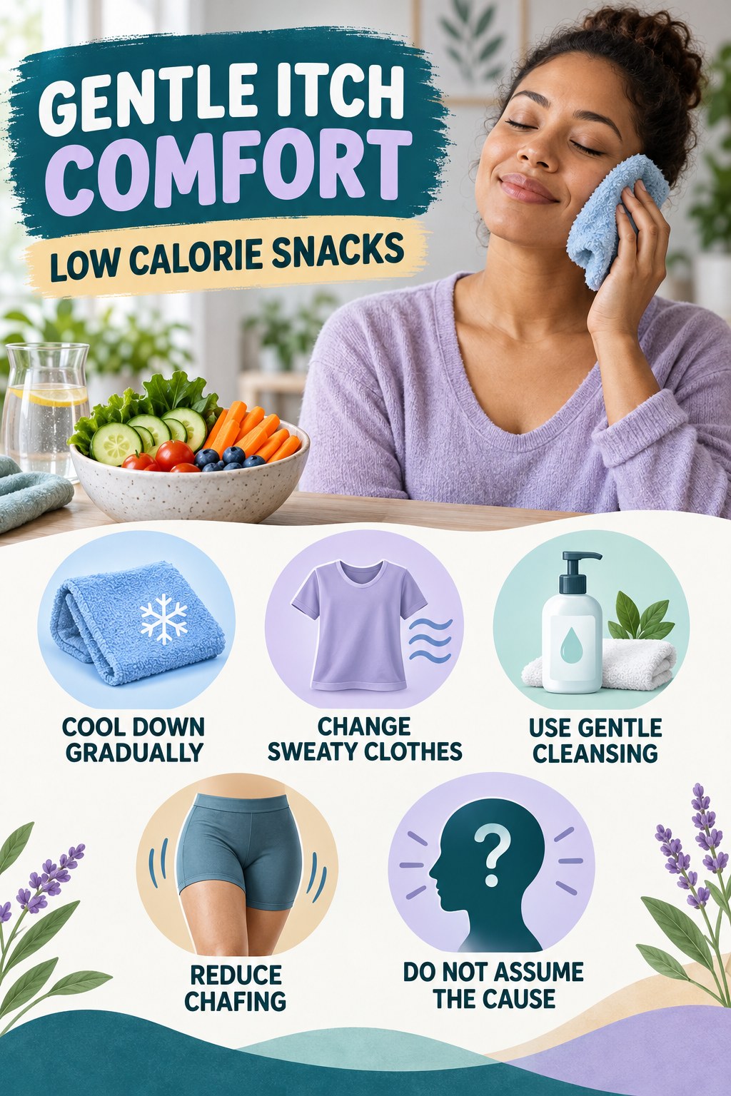 After-Activity Skin Comfort infographic for Low Calorie Snacks with five gentle itchy-skin comfort strategies and a non-diagnostic safety focus.