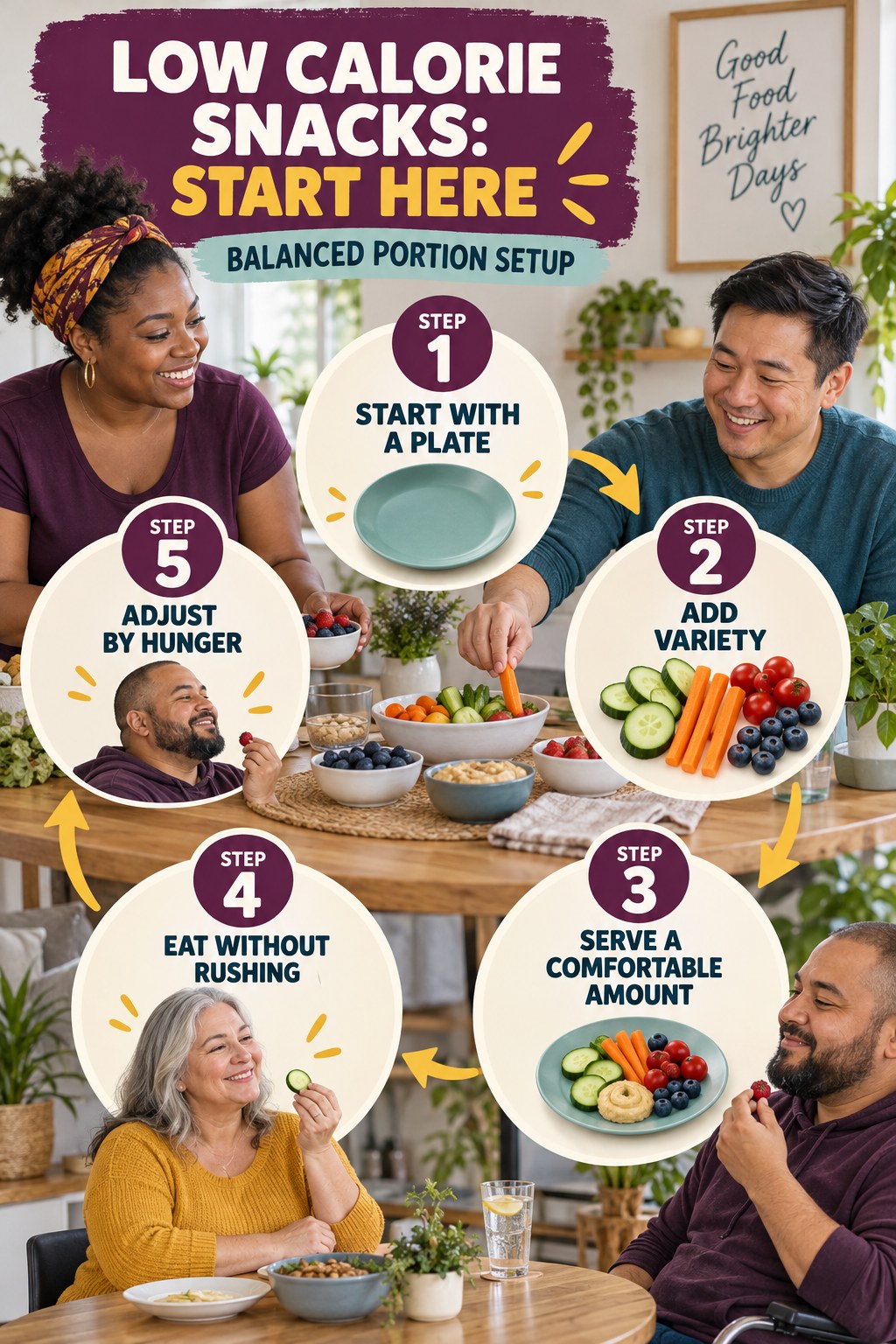 Low Calorie Snacks beginner guide graphic showing five manageable stages for balanced portion setup.
