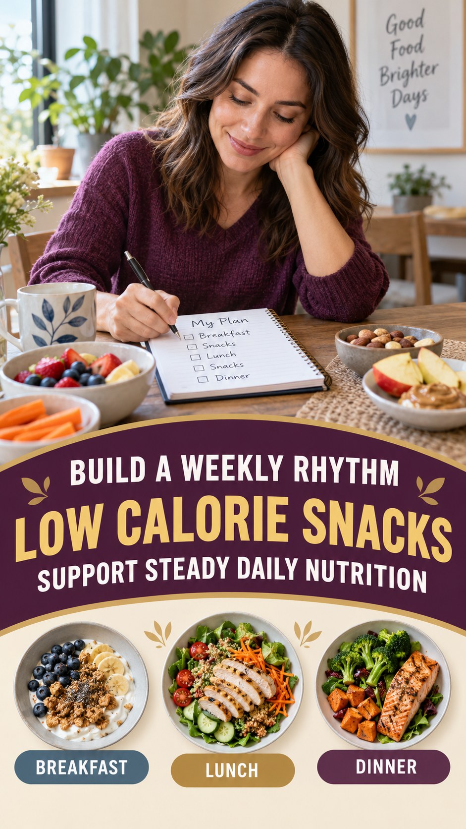 Steady Daily Nutrition infographic for Low Calorie Snacks, showing practical metabolism-support habits for an active lifestyle.