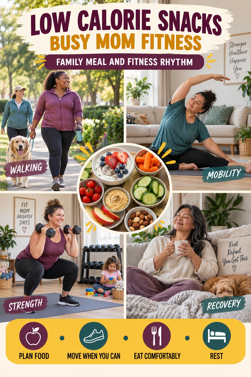 Low Calorie Snacks busy-mom fitness graphic titled Family Meal and Fitness Rhythm with four practical movement prompts.