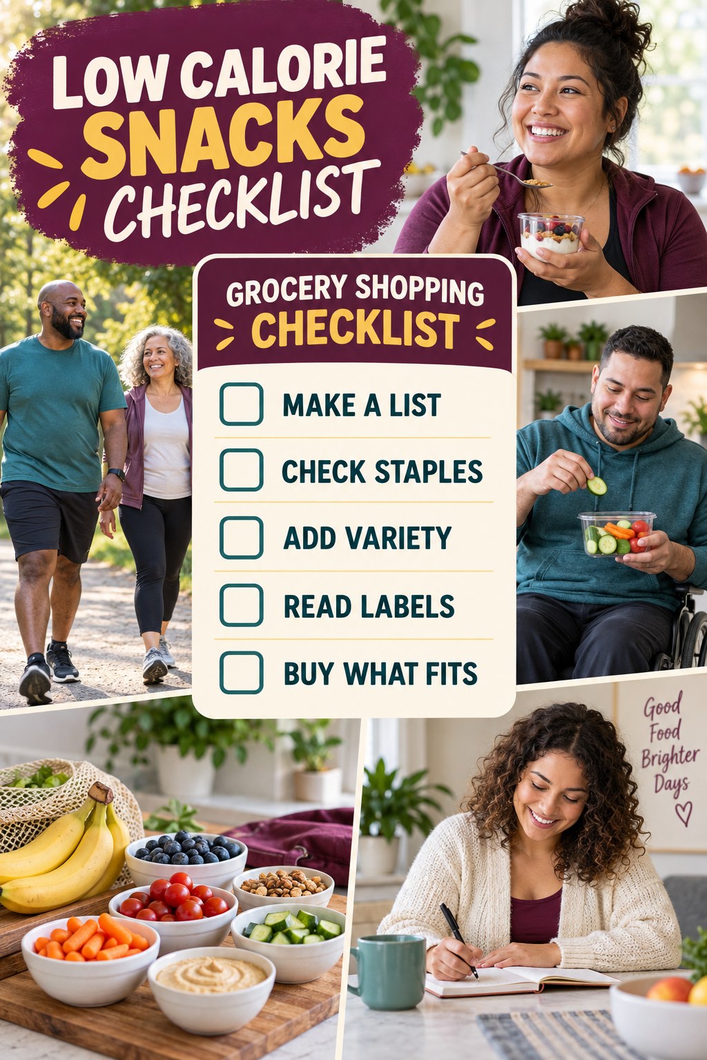 Low Calorie Snacks checklist graphic titled Grocery Shopping Checklist with five clear practical wellness items.