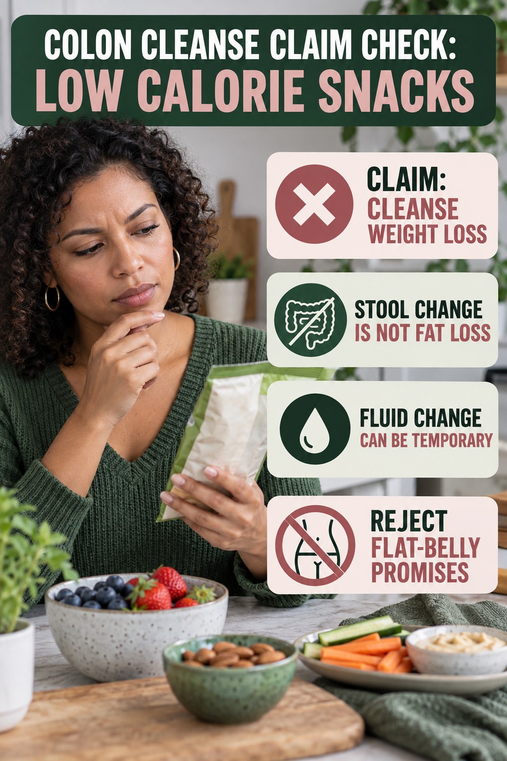 Weight-Loss and Flat-Belly Claims infographic for Low Calorie Snacks, separating a colon-cleanse marketing claim from evidence, reasonable conclusions, and safety context.
