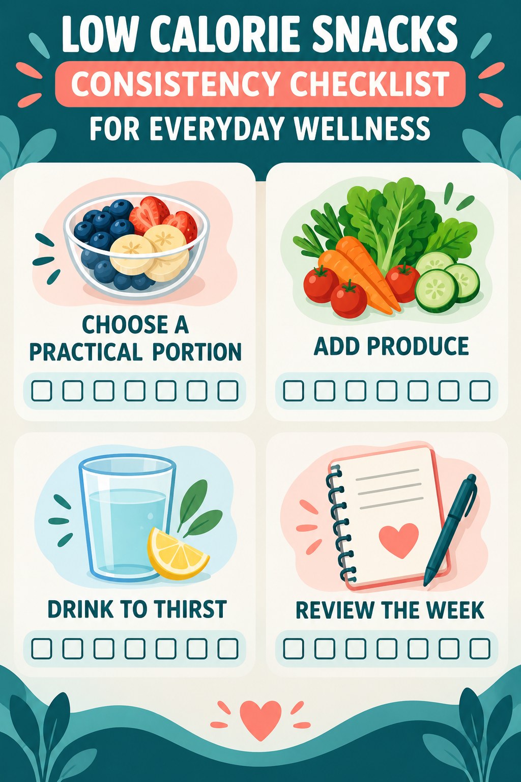 Low Calorie Snacks Consistency Checklist for Everyday Wellness infographic with checkboxes for choose a practical portion, add produce, drink to thirst, review the week.