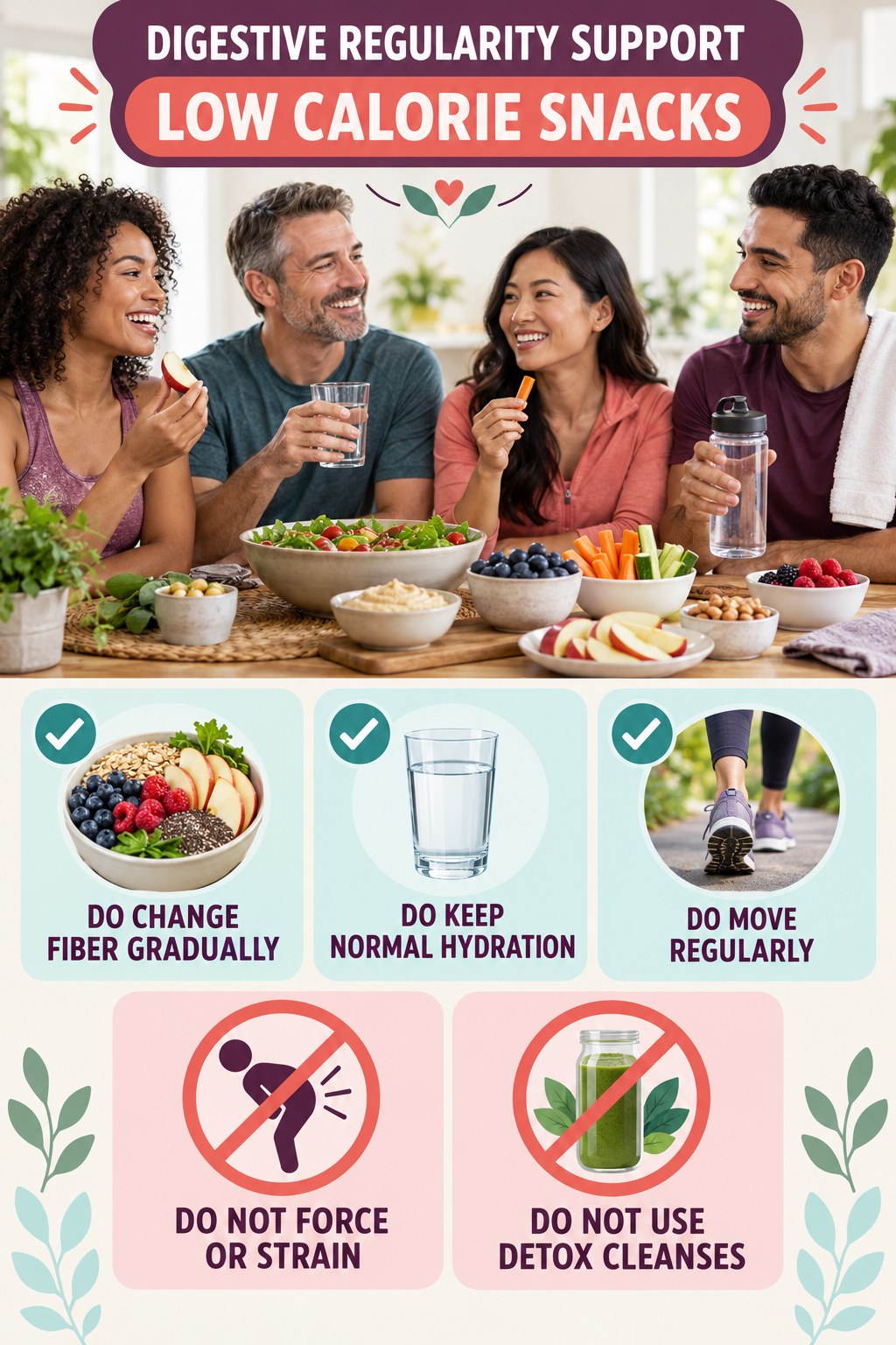 Digestive Wellness Do and Do Not infographic for Low Calorie Snacks with five practical food, hydration, movement, or routine actions and no cleanse claims.