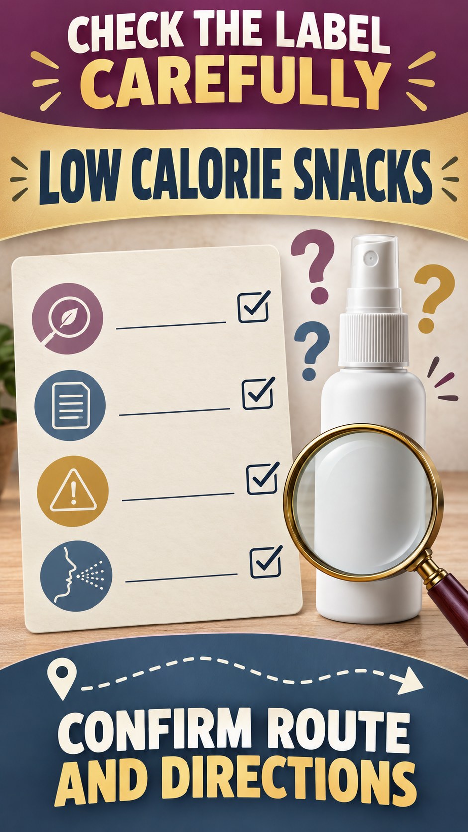 Directions and Route Review infographic for Low Calorie Snacks, showing a generic spray-label checklist that separates available facts, missing details, and evidence questions.