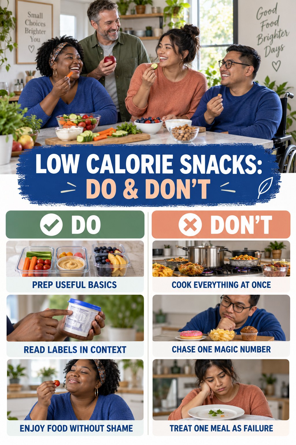 Low Calorie Snacks Do and Don’t comparison graphic showing three practical behavior pairs for simple cooking.