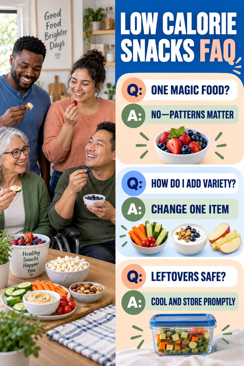 Low Calorie Snacks FAQ graphic with three concise questions and practical answers for beginners.