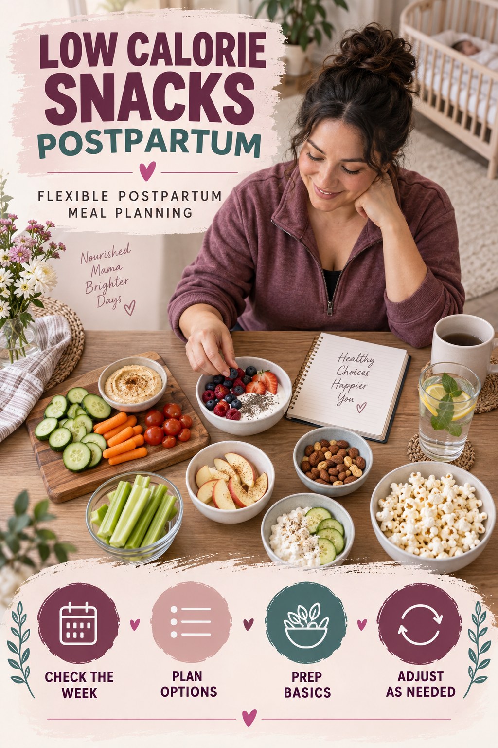 Low Calorie Snacks postpartum graphic titled Flexible Postpartum Meal Planning with four gradual recovery-aware prompts.