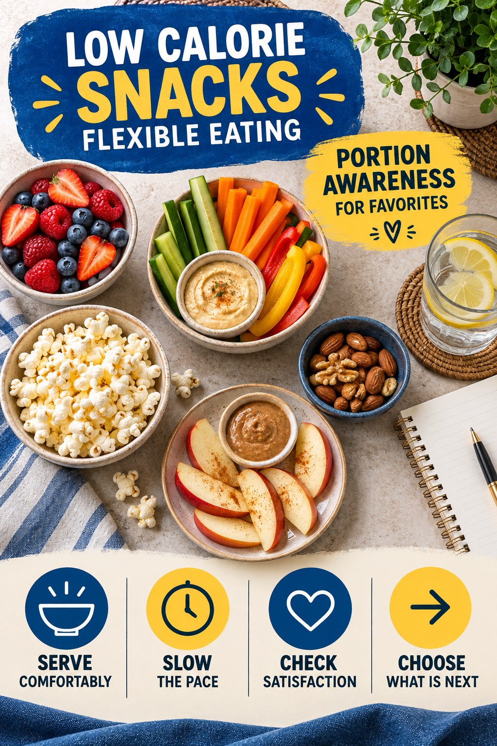 Low Calorie Snacks flexible eating graphic titled Portion Awareness for Favorites with four practical balance prompts.