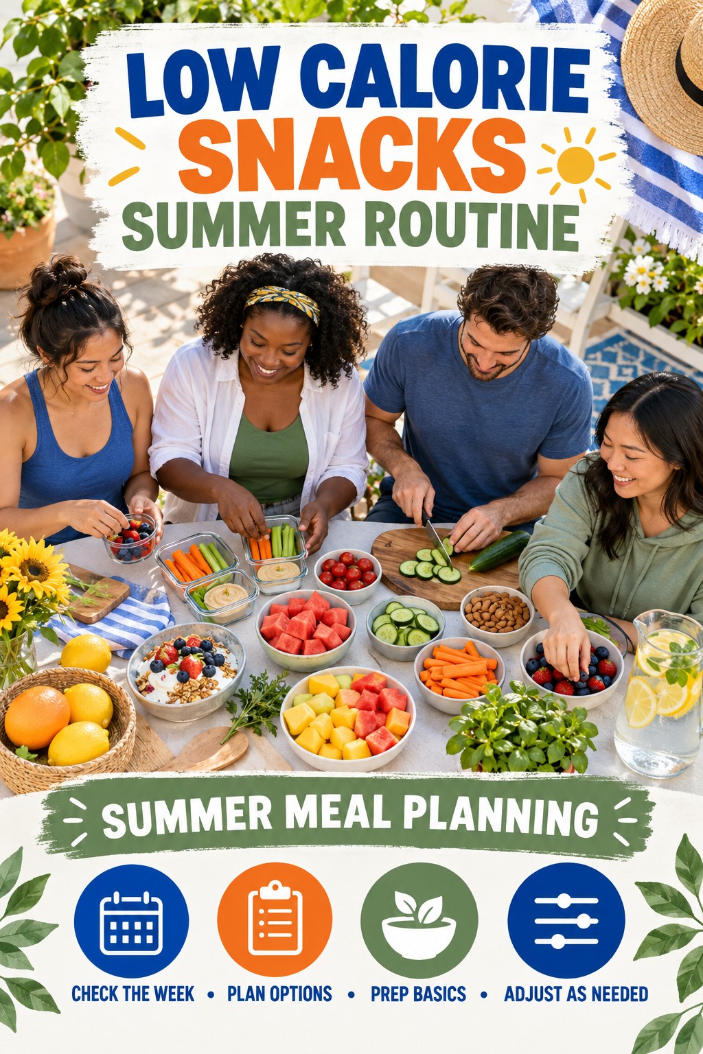 Low Calorie Snacks summer routine graphic titled Summer Meal Planning with four practical wellness prompts.
