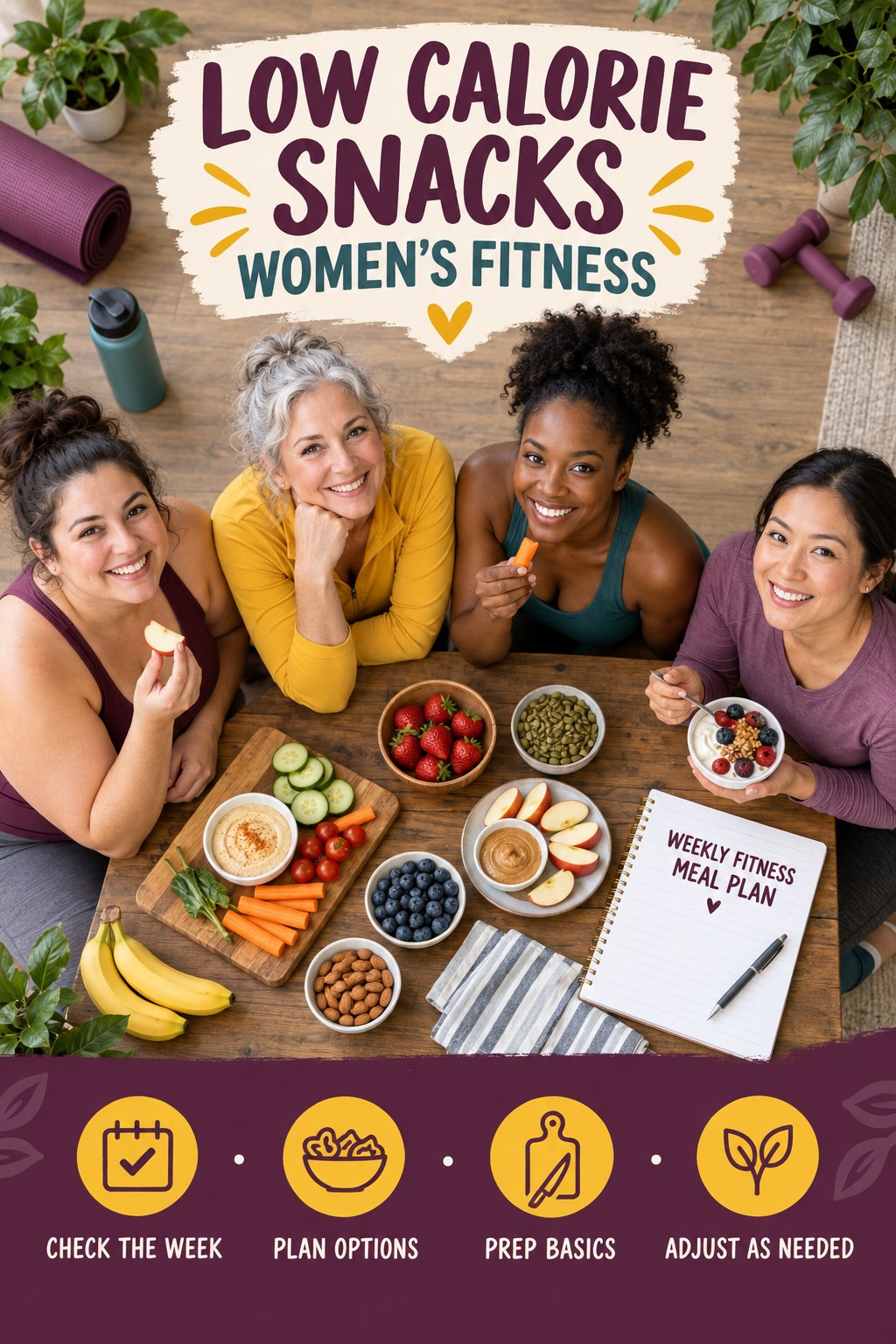 Low Calorie Snacks women’s fitness graphic titled Weekly Fitness Meal Plan with four practical training prompts.