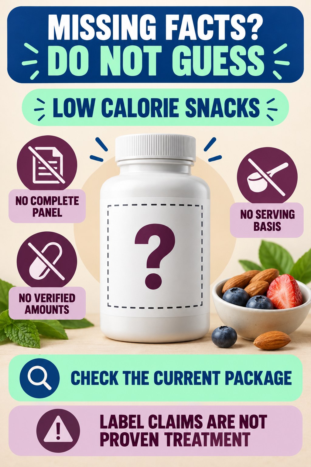 Handle a Missing Supplement Facts Panel prostate supplement label-literacy infographic for Low Calorie Snacks with four careful reading points.