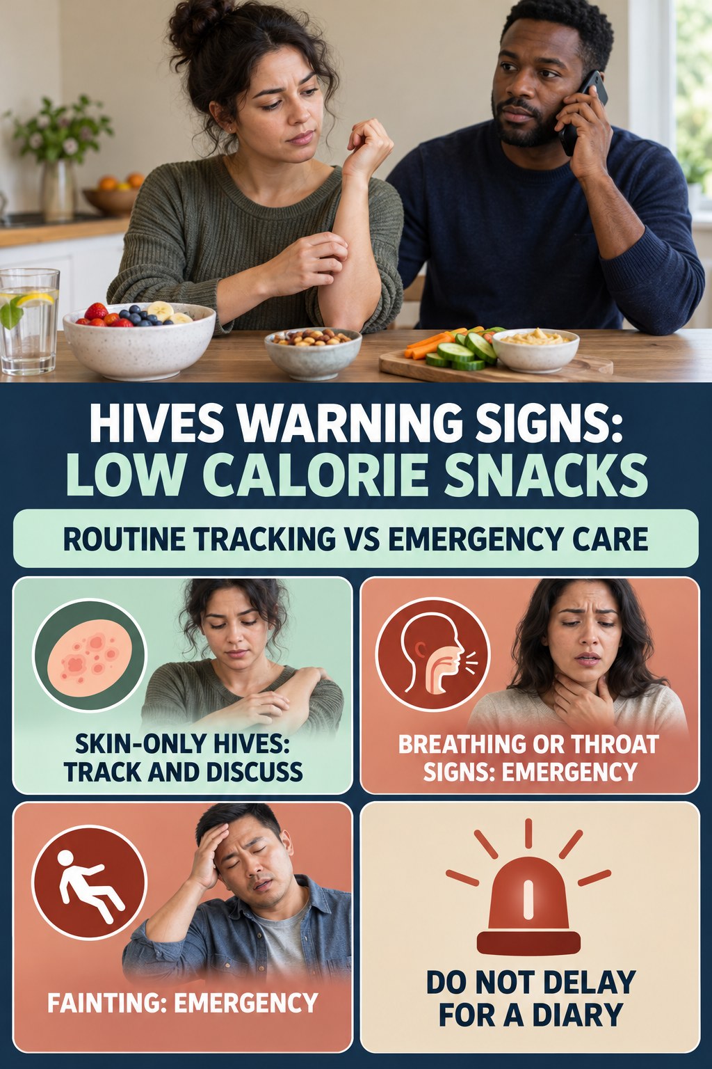 Routine Tracking vs Emergency Care infographic for Low Calorie Snacks, highlighting urgent breathing, throat, swelling, fainting, and rapid-progression warning signs without diagnosing hives.
