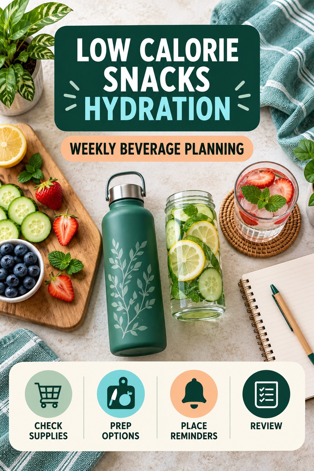 Low Calorie Snacks hydration graphic titled Weekly Beverage Planning with four flexible water-habit prompts and no fixed intake target.