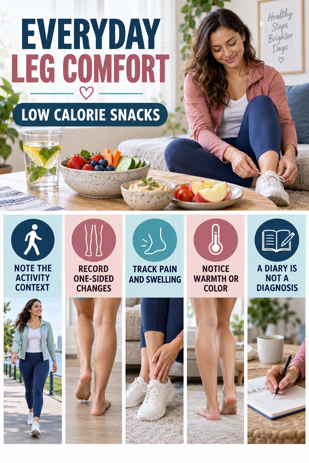 Leg Comfort Pattern Tracker infographic for Low Calorie Snacks with five gentle movement, position, footwear, recovery, or safety actions.