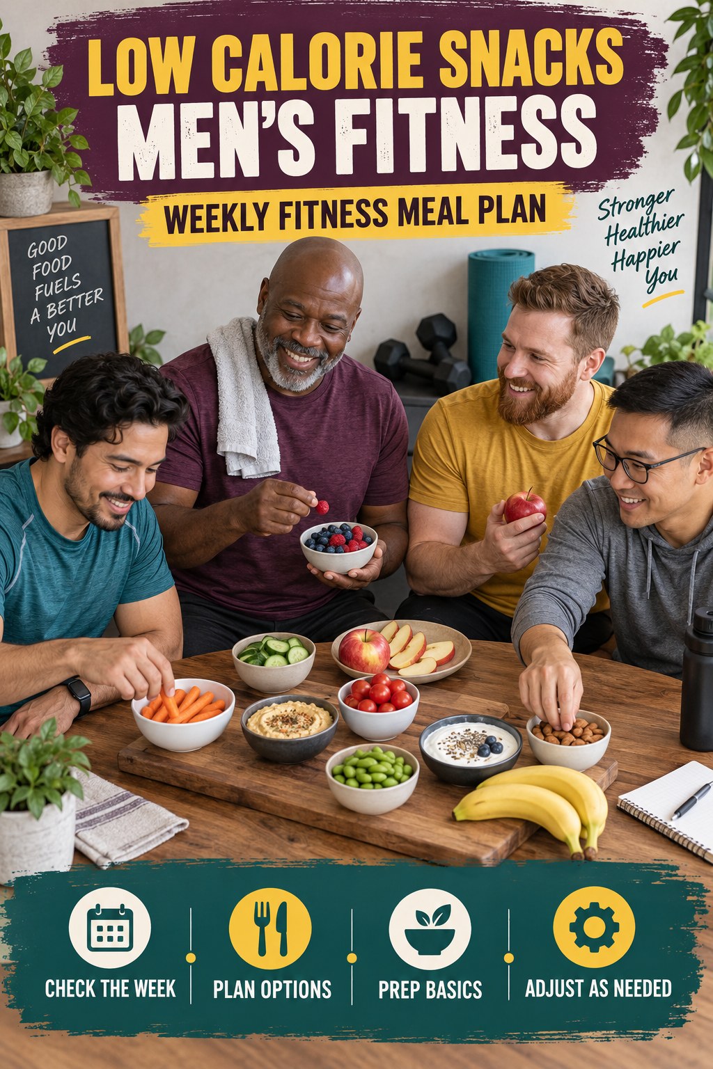 Low Calorie Snacks men’s fitness graphic titled Weekly Fitness Meal Plan with four practical training prompts.