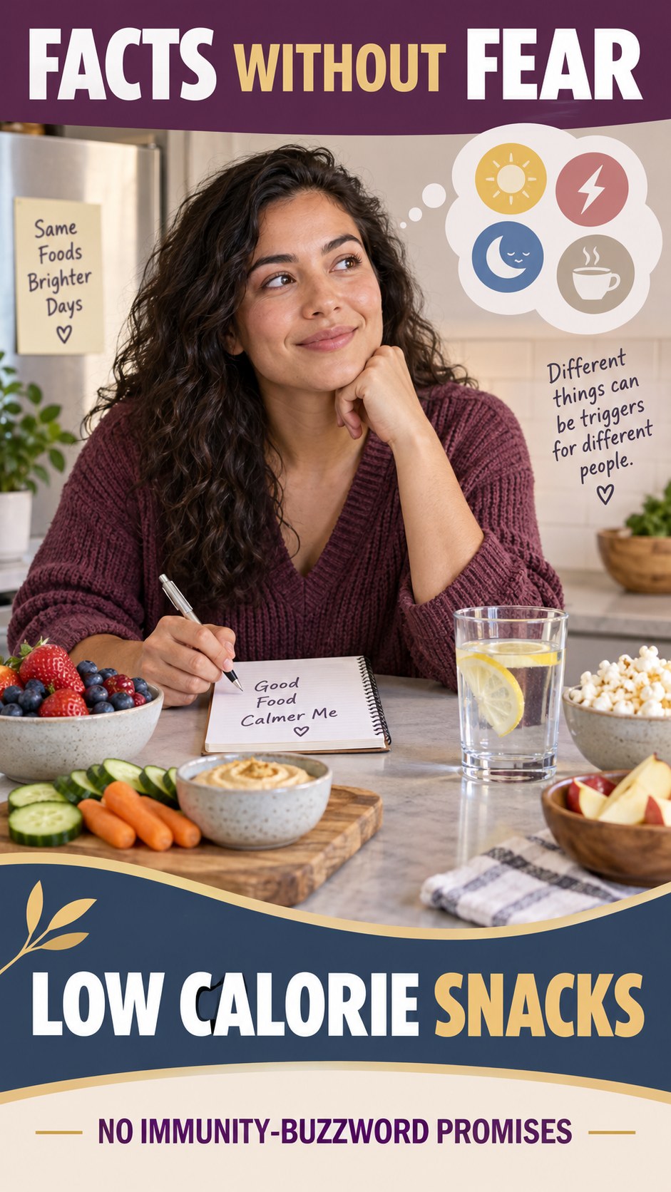 No Miracle Food Claims infographic for Low Calorie Snacks, explaining that possible cold-sore triggers vary by person.