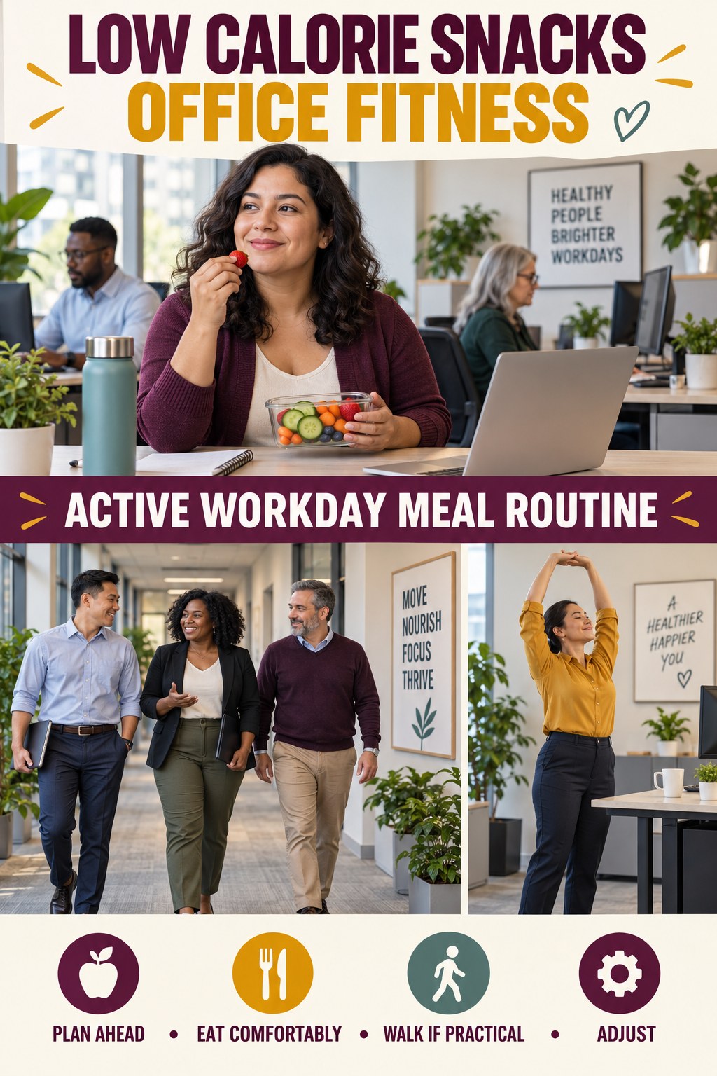 Low Calorie Snacks office-fitness graphic titled Active Workday Meal Routine with four practical workday movement prompts.