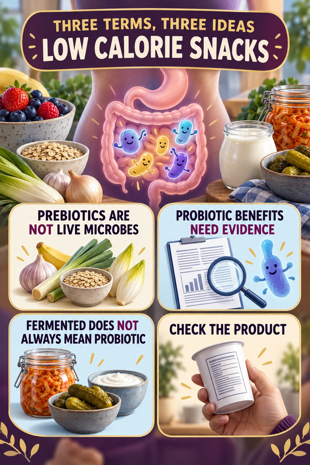 Prebiotics, Probiotics, and Fermented Foods educational infographic for Low Calorie Snacks with four evidence-aware points.