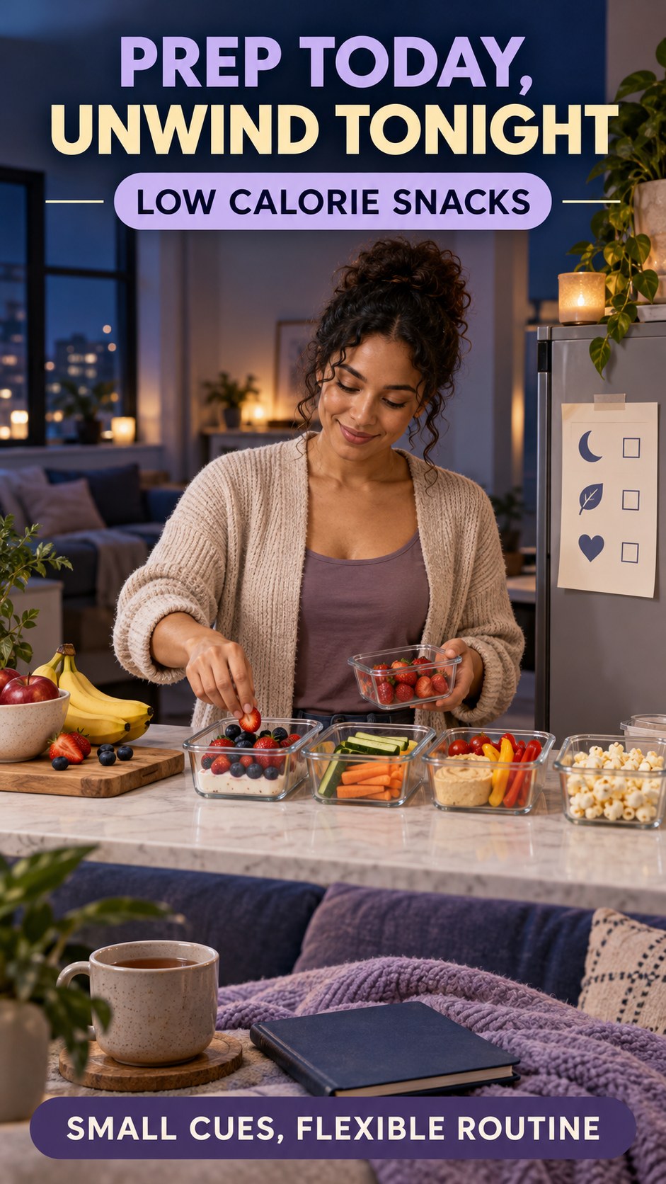 Meal Prep and Sleep Routine infographic for Low Calorie Snacks, showing a flexible and calming evening wellness routine.