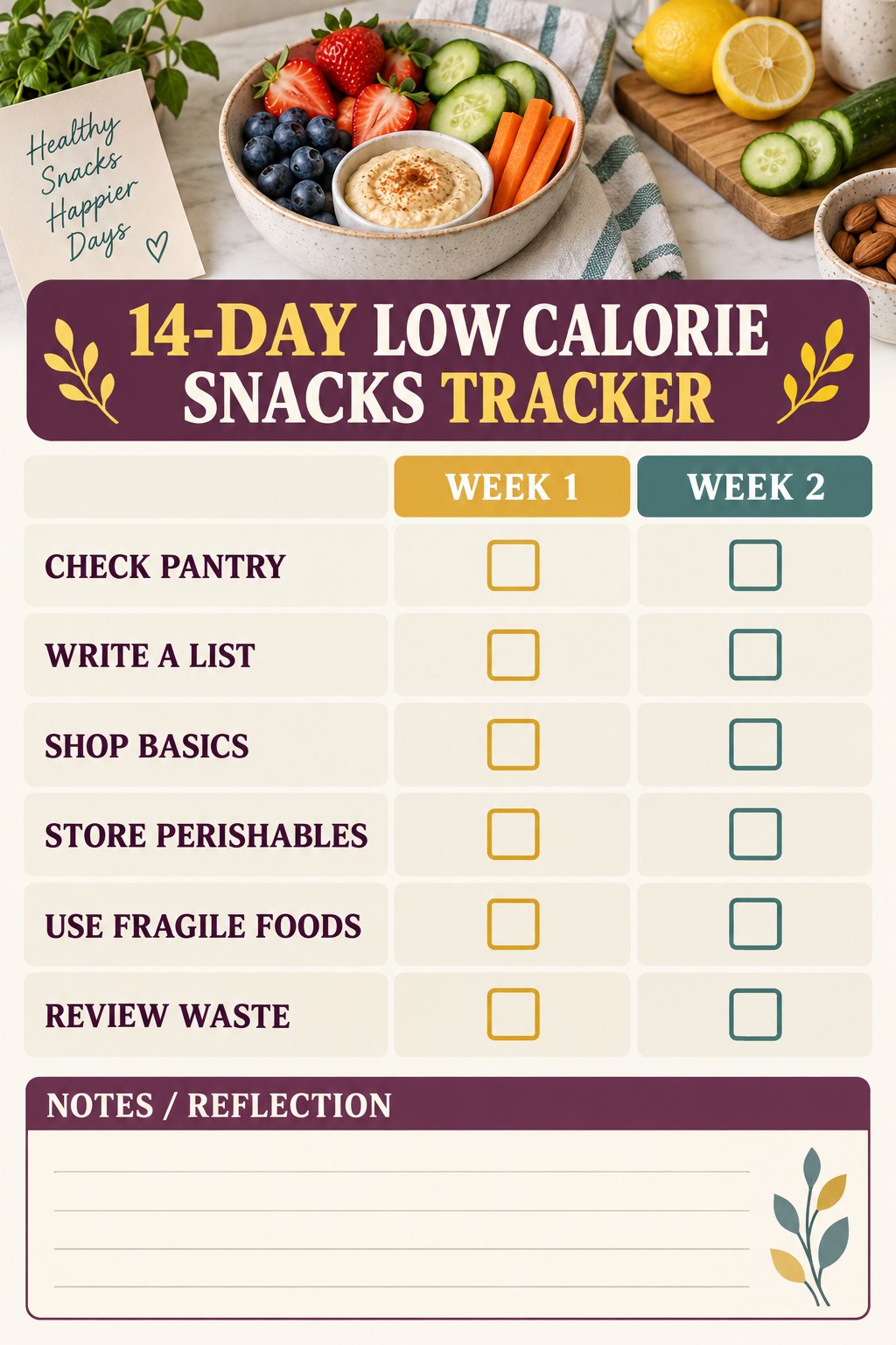 14-Day Low Calorie Snacks printable-style tracker graphic with six labeled rows, empty checkboxes, and a reflection area.