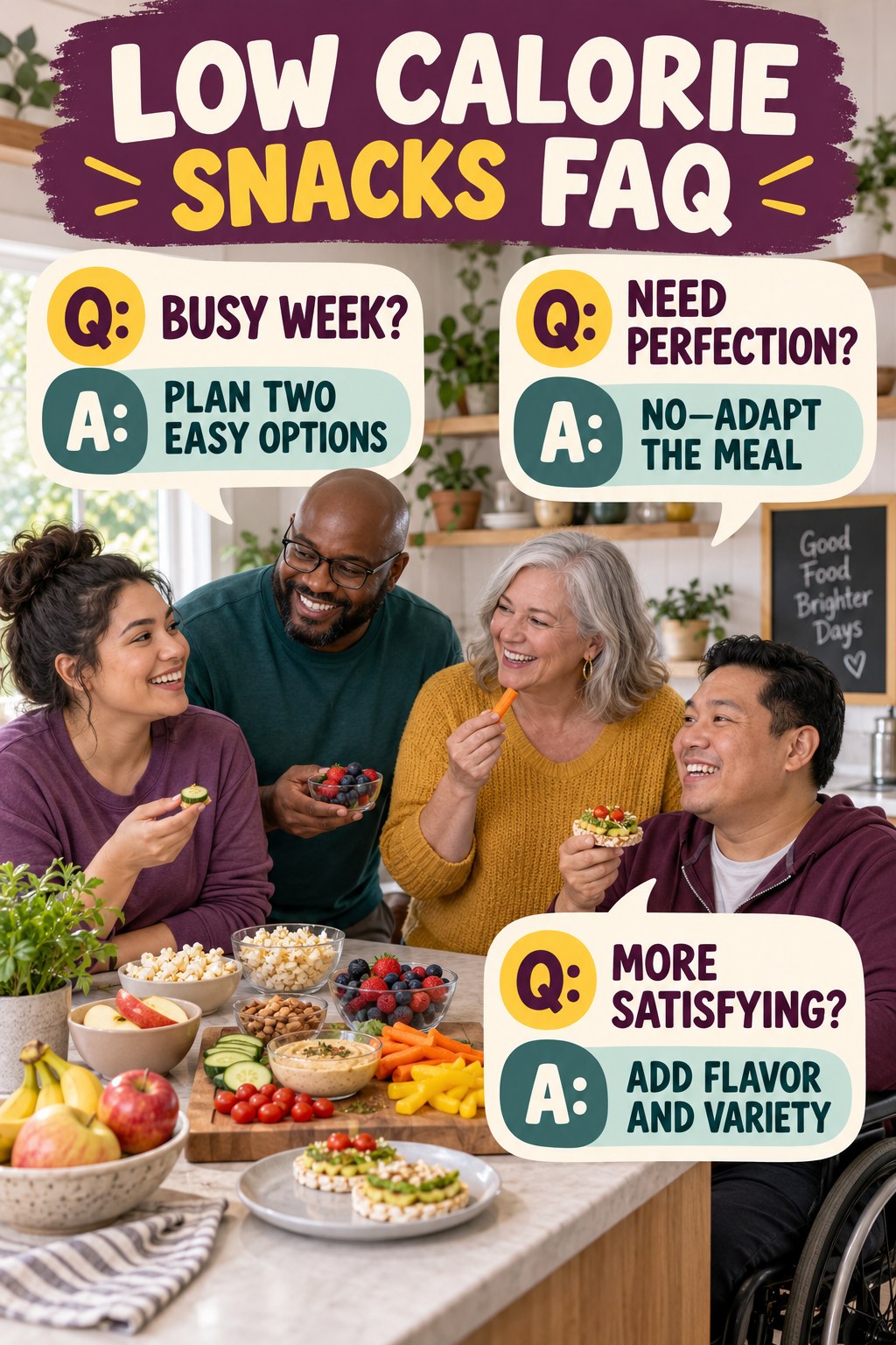 Low Calorie Snacks FAQ graphic with three concise questions and practical answers for beginners.