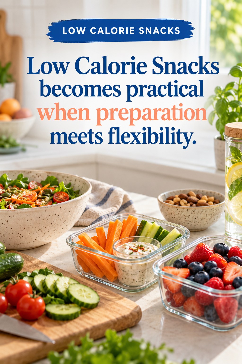 Original Low Calorie Snacks quote graphic reading “Low Calorie Snacks becomes practical when preparation meets flexibility.” in a board-relevant editorial design.