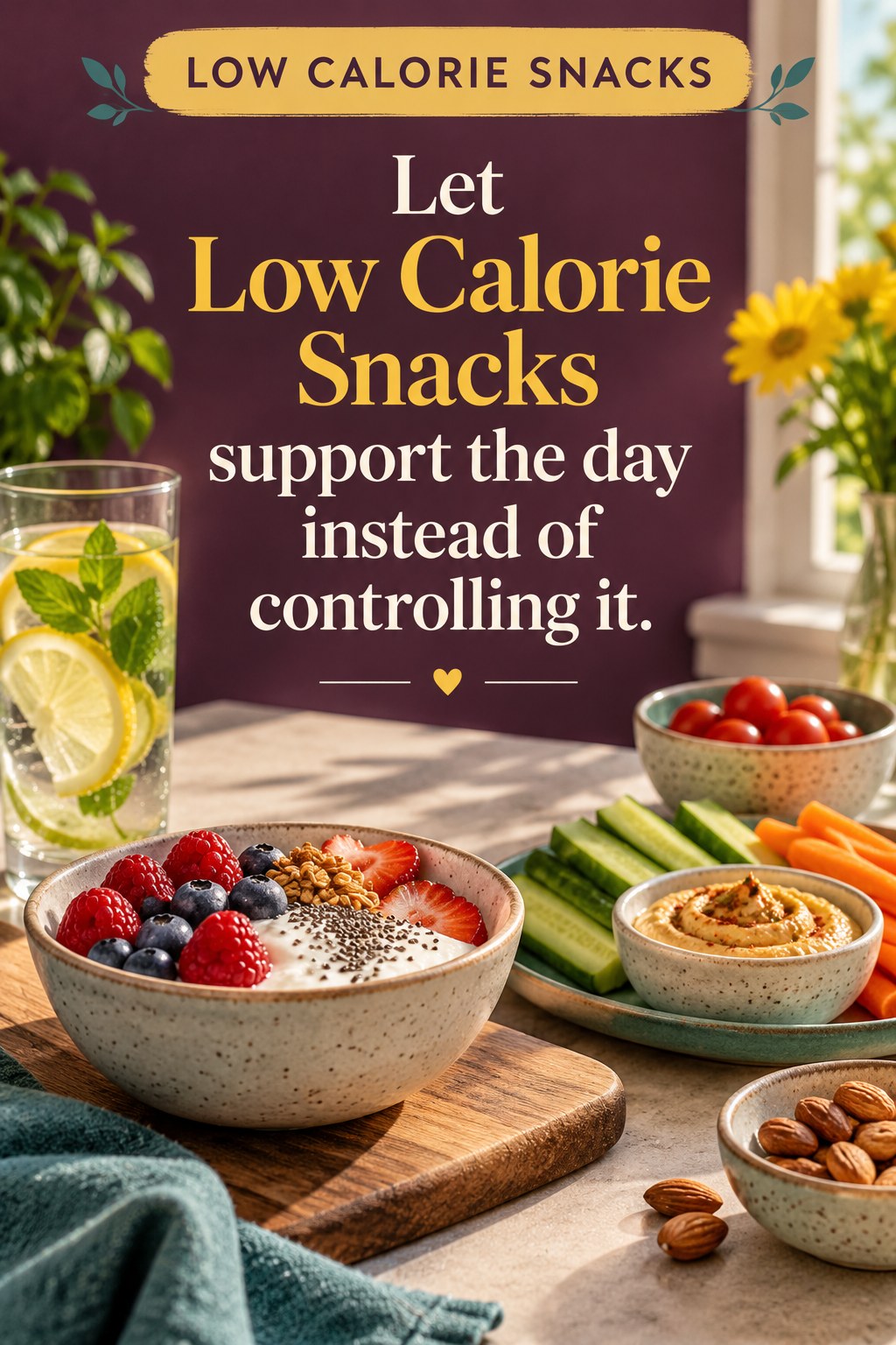 Original Low Calorie Snacks quote graphic reading “Let Low Calorie Snacks support the day instead of controlling it.” in a board-relevant editorial design.