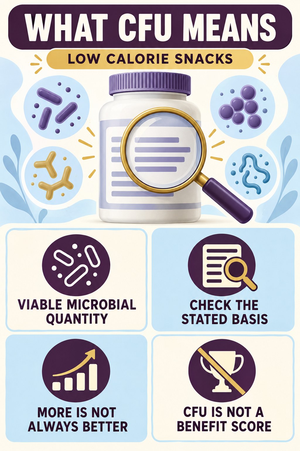 Read CFU as a Quantity, Not a Quality Score infographic for Low Calorie Snacks with four concise probiotic-label reading points.