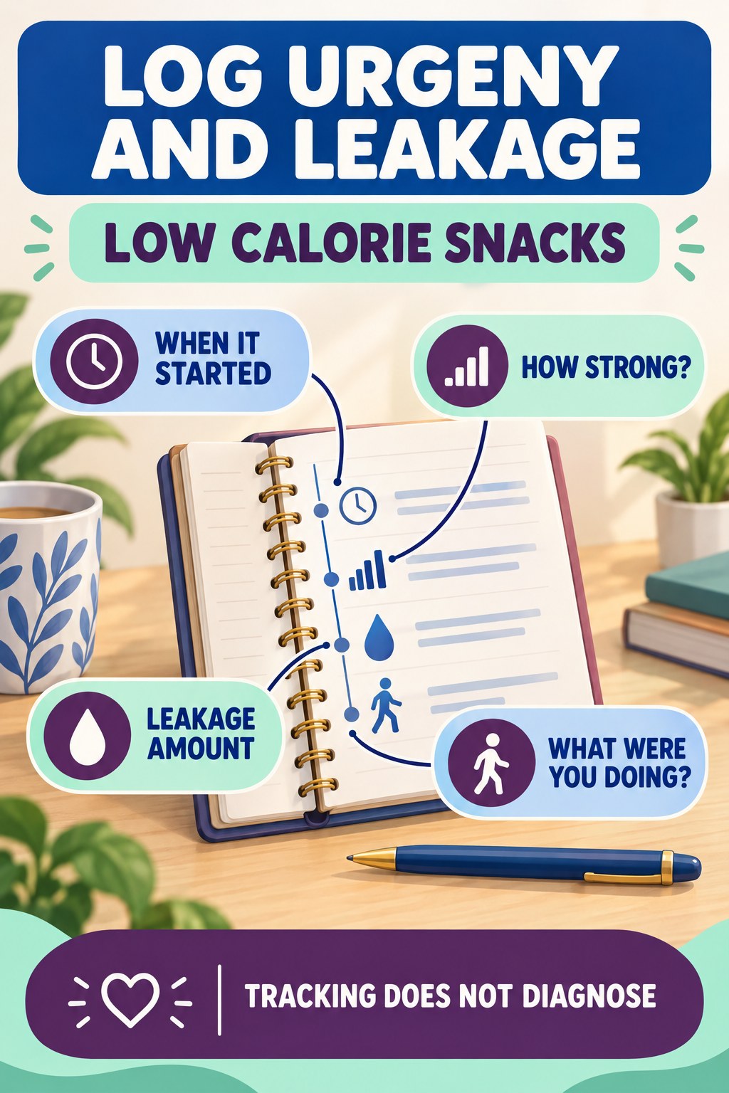 Record Urgency and Leakage Context urinary symptom tracking infographic for Low Calorie Snacks with four practical diary points and a non-diagnostic reminder.