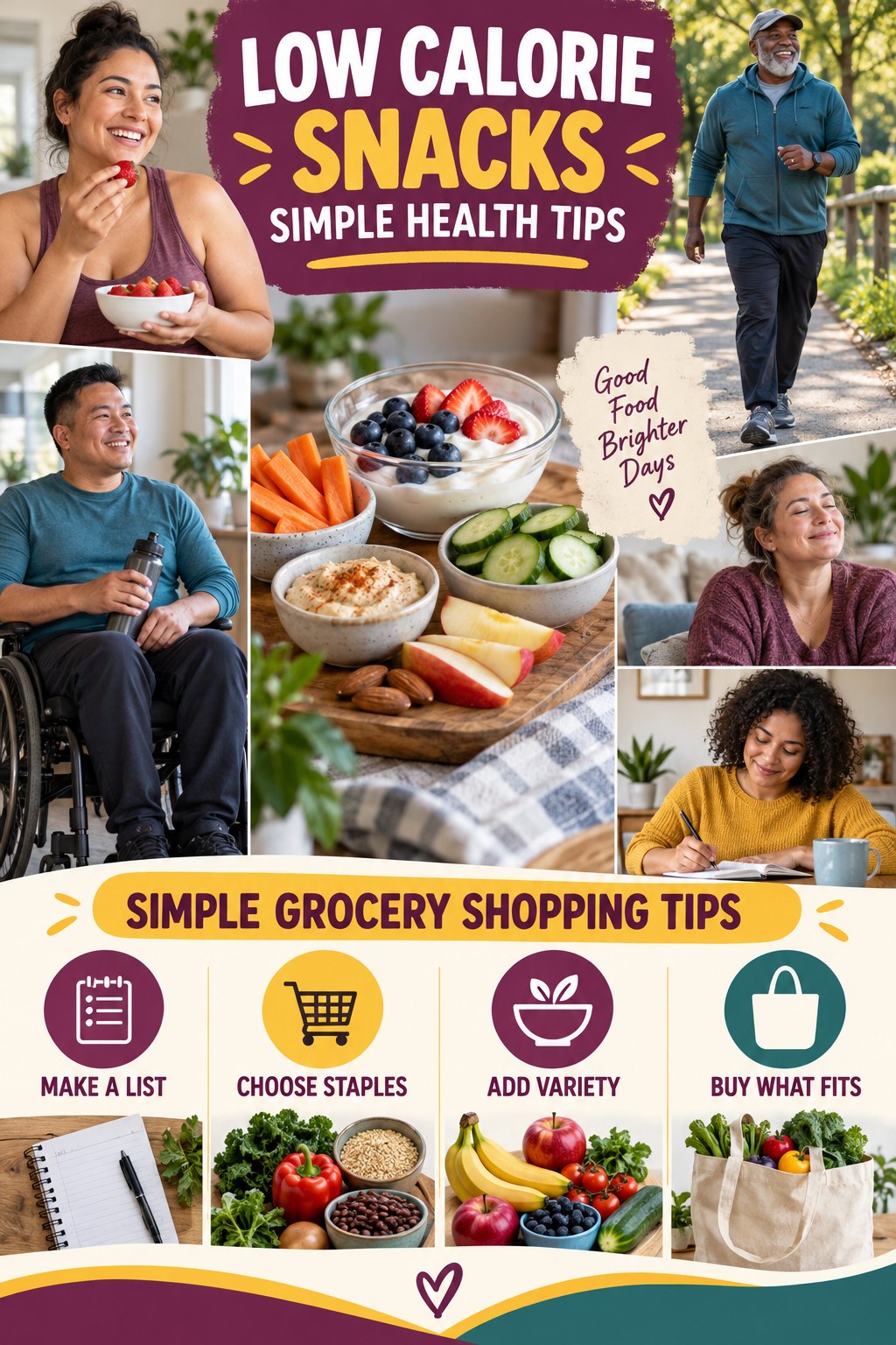 Low Calorie Snacks simple-health graphic titled Simple Grocery Shopping Tips with four practical wellness prompts.