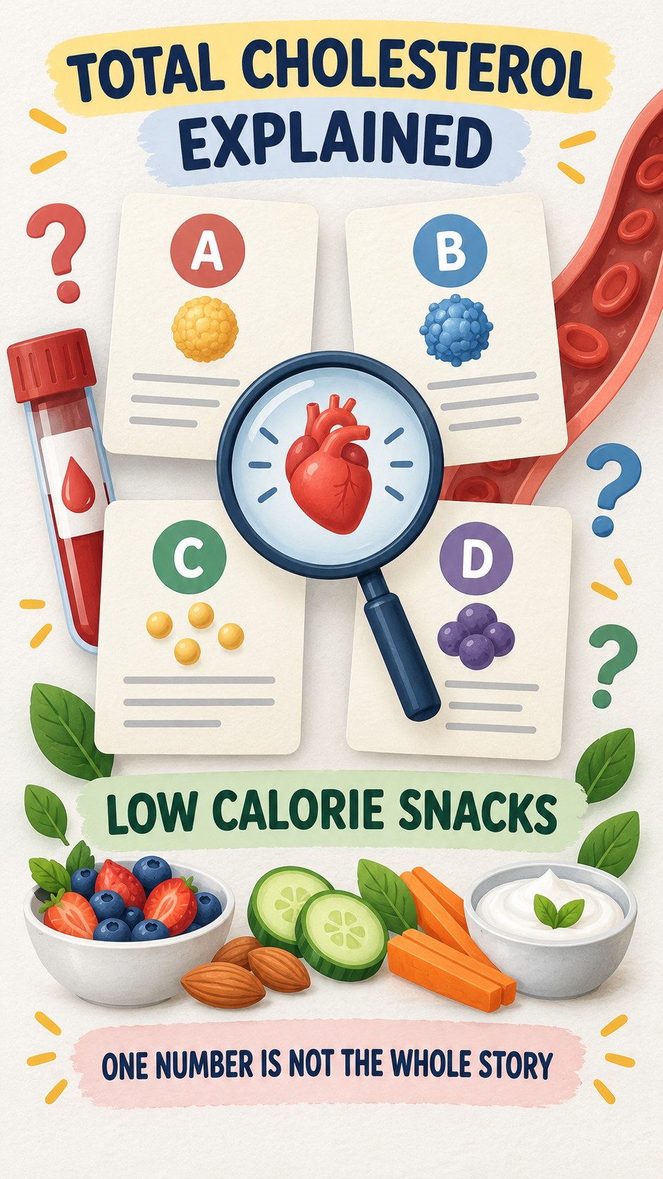 Total Cholesterol Interpretation Guide infographic for Low Calorie Snacks, using a non-numerical educational lipid-panel layout with question and context icons.
