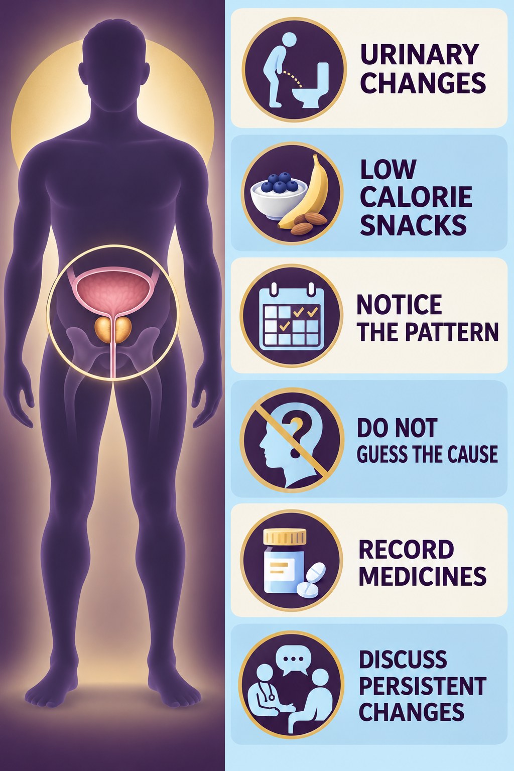 Urinary Changes Start a Conversation, Not a Diagnosis infographic for Low Calorie Snacks with four concise prostate-health awareness points.
