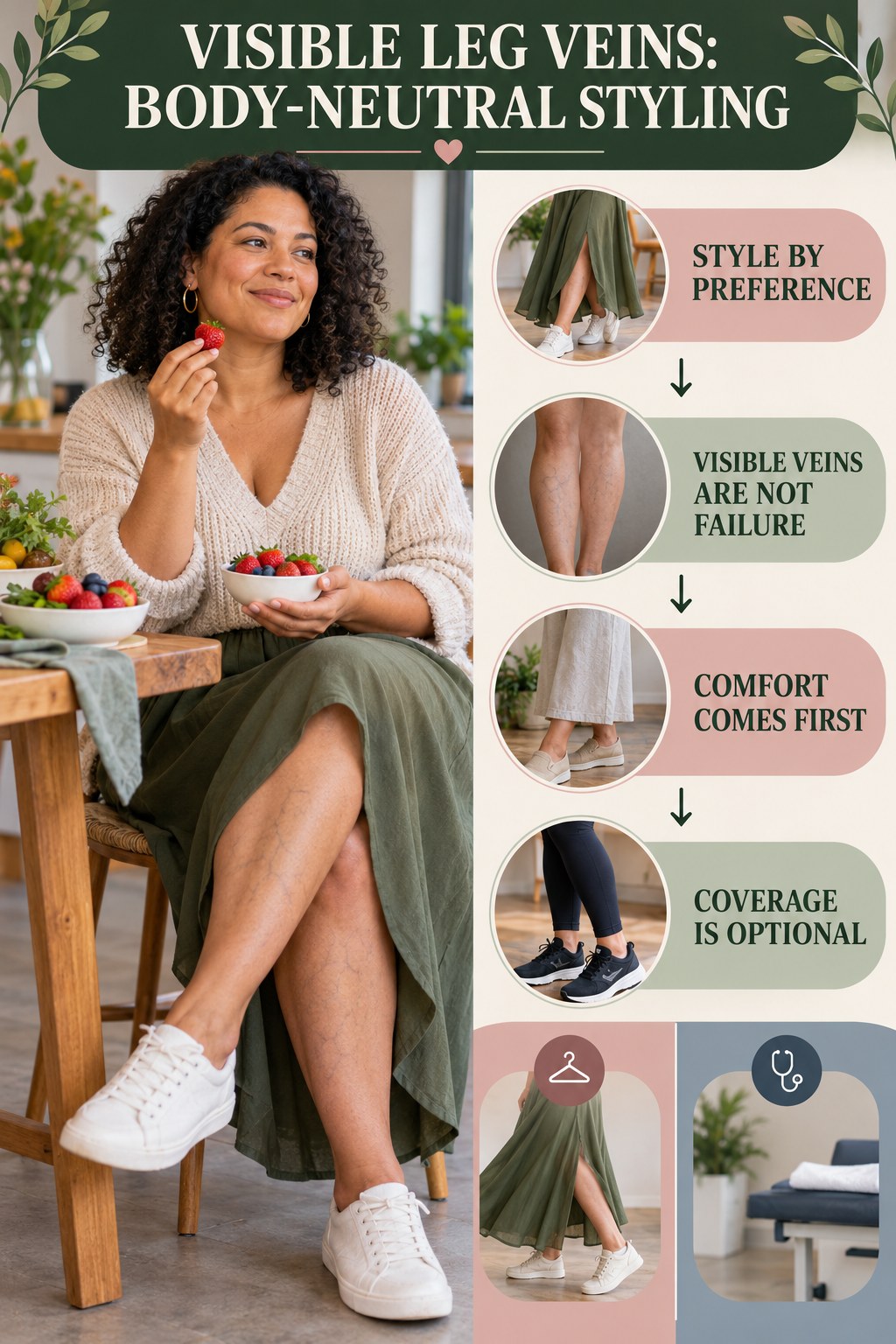 Body-Neutral Styling infographic for Low Calorie Snacks, showing body-neutral visible-leg-vein appearance care and the boundary between temporary cosmetic support and treatment.
