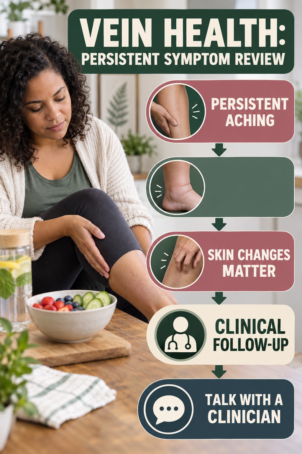 Persistent Symptom Review infographic for Low Calorie Snacks, explaining vein-health warning signs and the appropriate next action without diagnosing a condition.