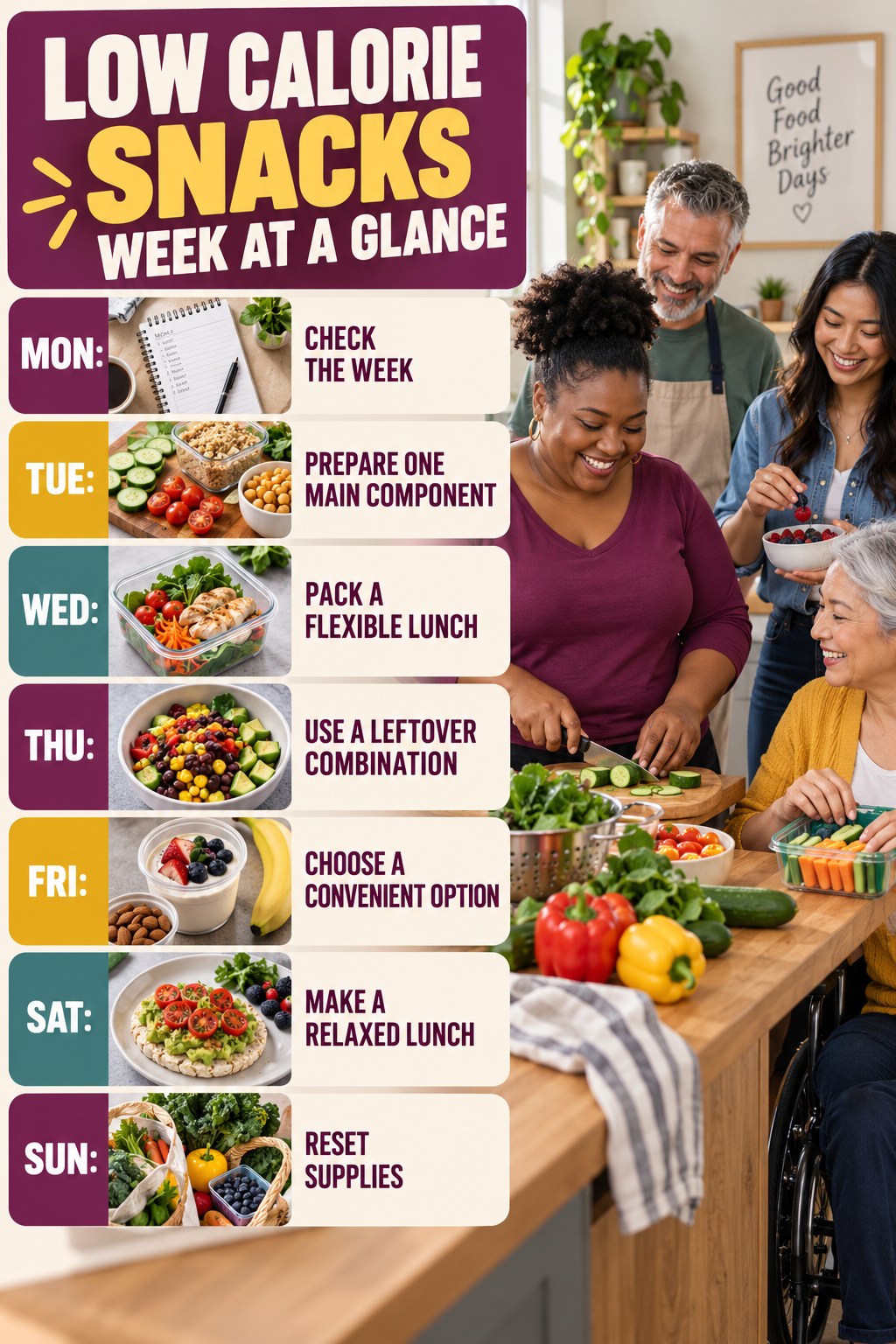Weekly Low Calorie Snacks plan graphic with concise Monday-to-Sunday actions and flexible recovery guidance.