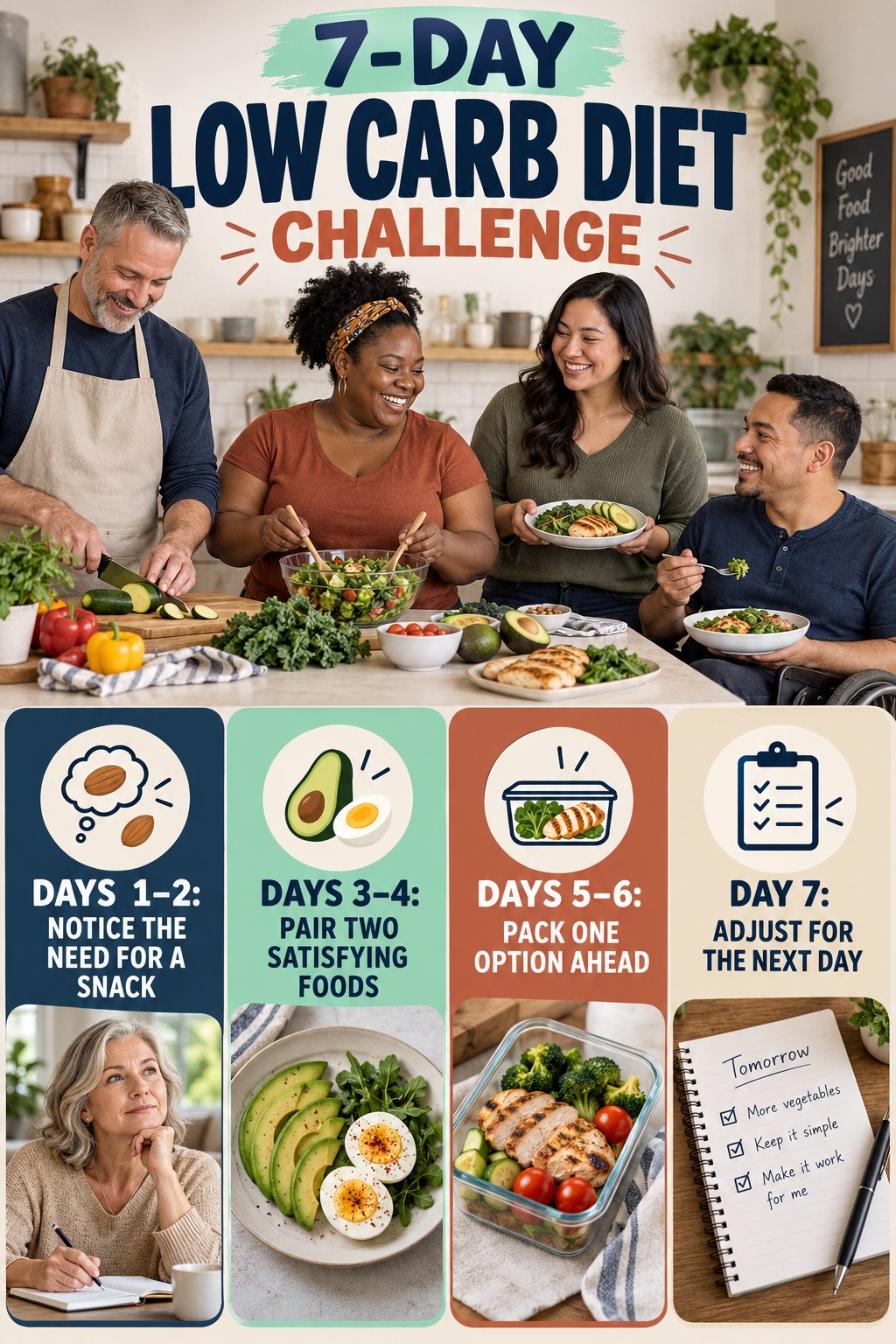 7-day Low Carb Diet challenge graphic showing four manageable milestones for consistent practice.