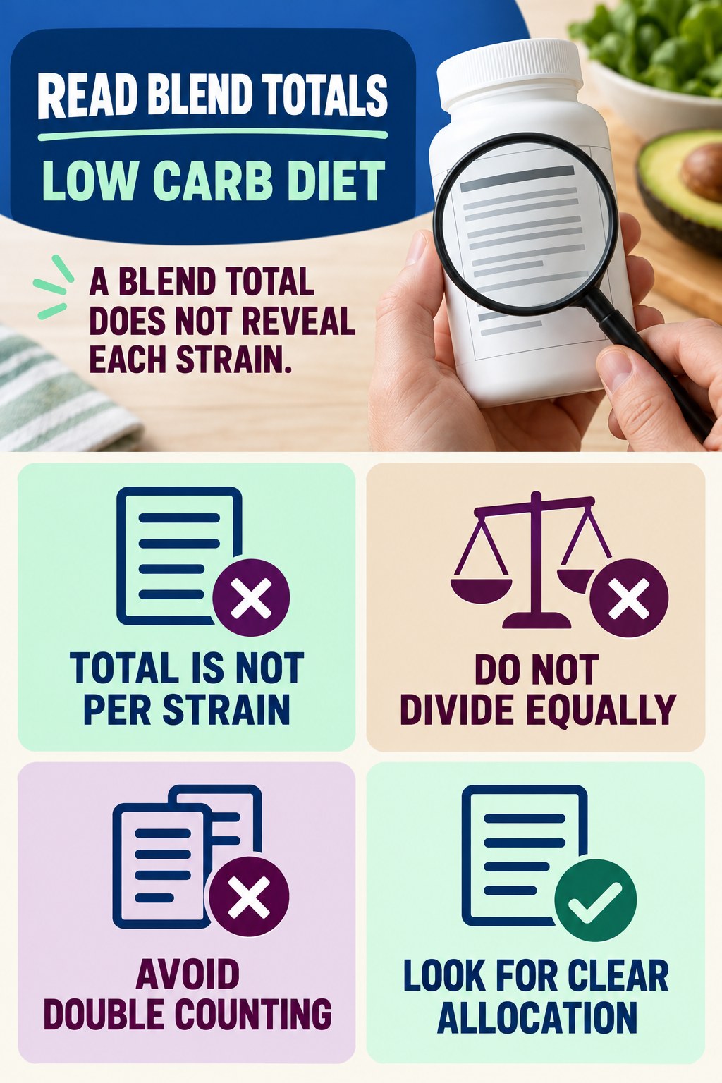 A Blend Total Does Not Reveal Each Strain infographic for Low Carb Diet with four concise probiotic-label reading points.
