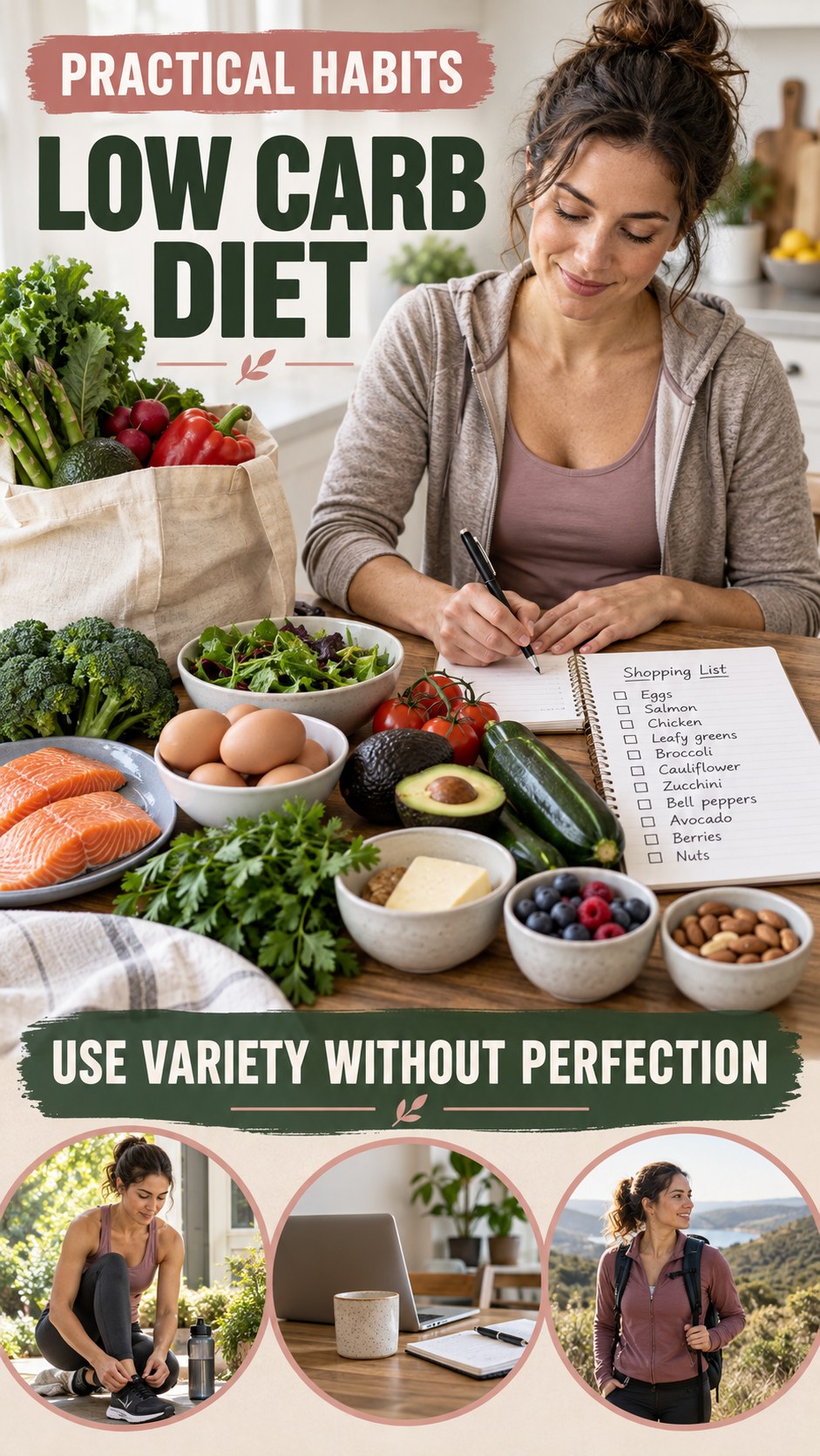 Food Variety Routine infographic for Low Carb Diet, showing practical metabolism-support habits for an active lifestyle.