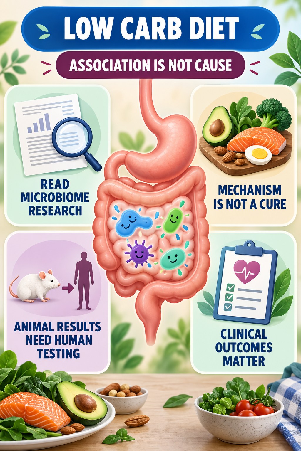 Association Is Not the Same as Cause educational infographic for Low Carb Diet with four evidence-aware points.