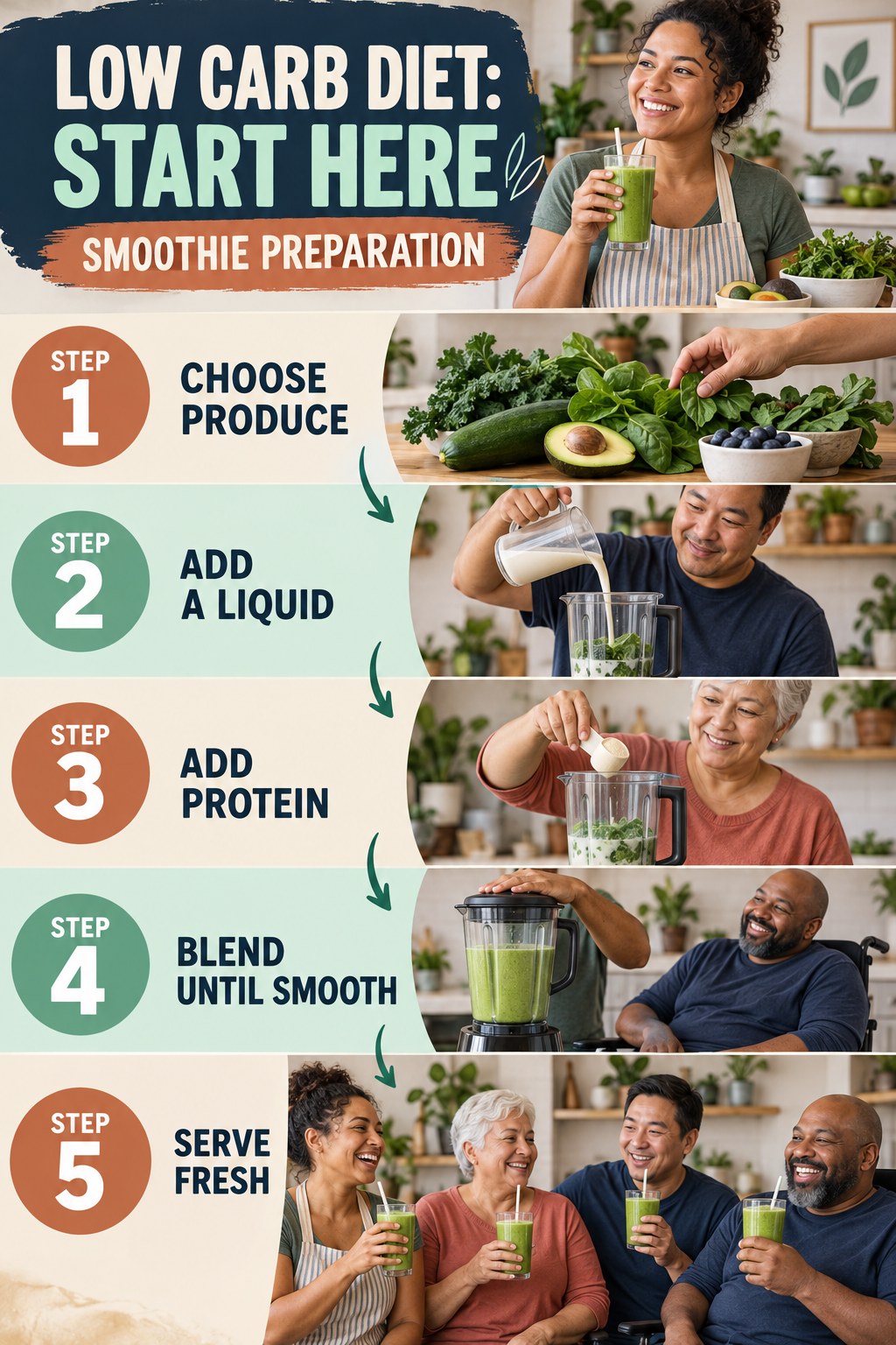 Low Carb Diet beginner guide graphic showing five manageable stages for smoothie preparation.