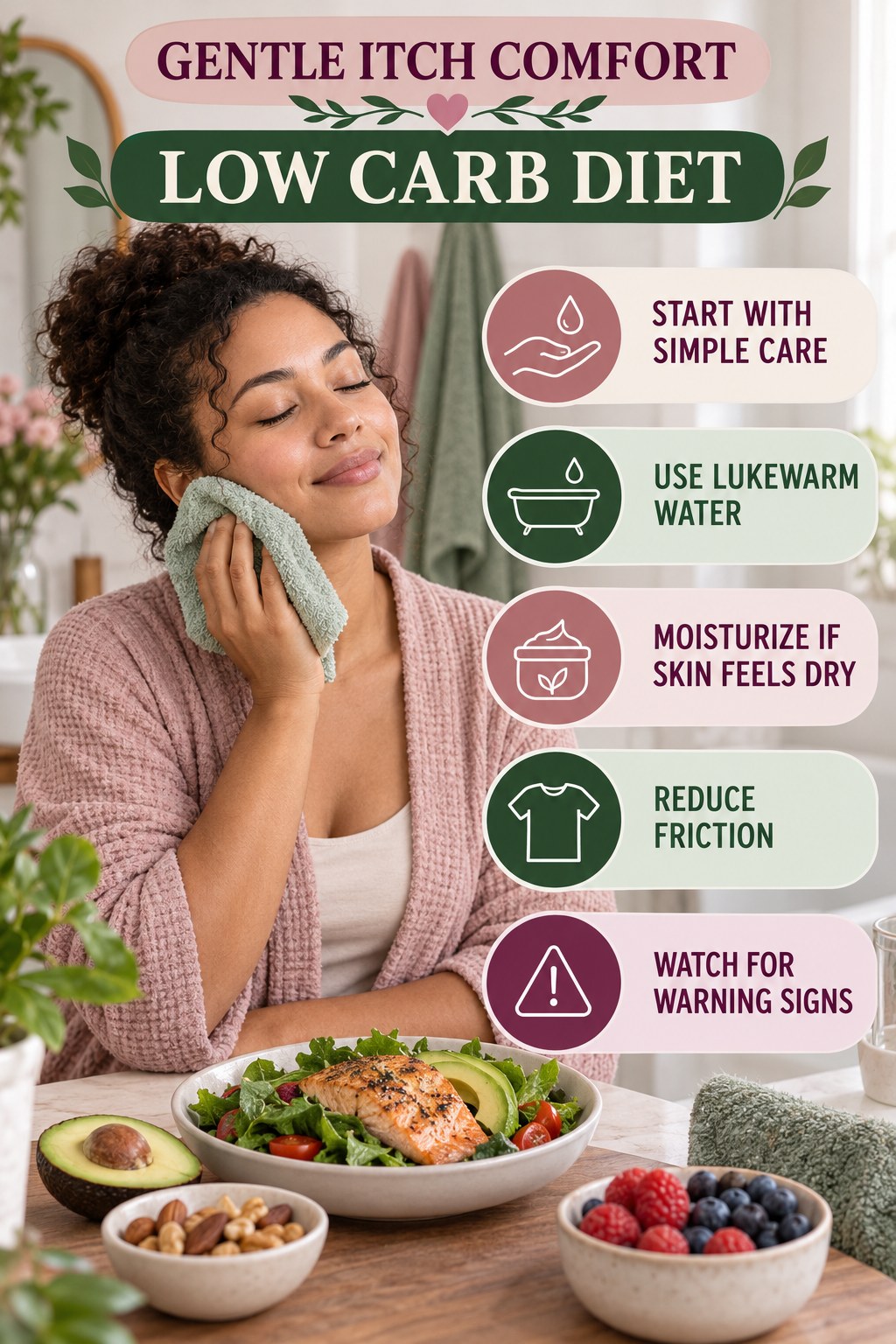 Beginner Skin Comfort Checklist infographic for Low Carb Diet with five gentle itchy-skin comfort strategies and a non-diagnostic safety focus.