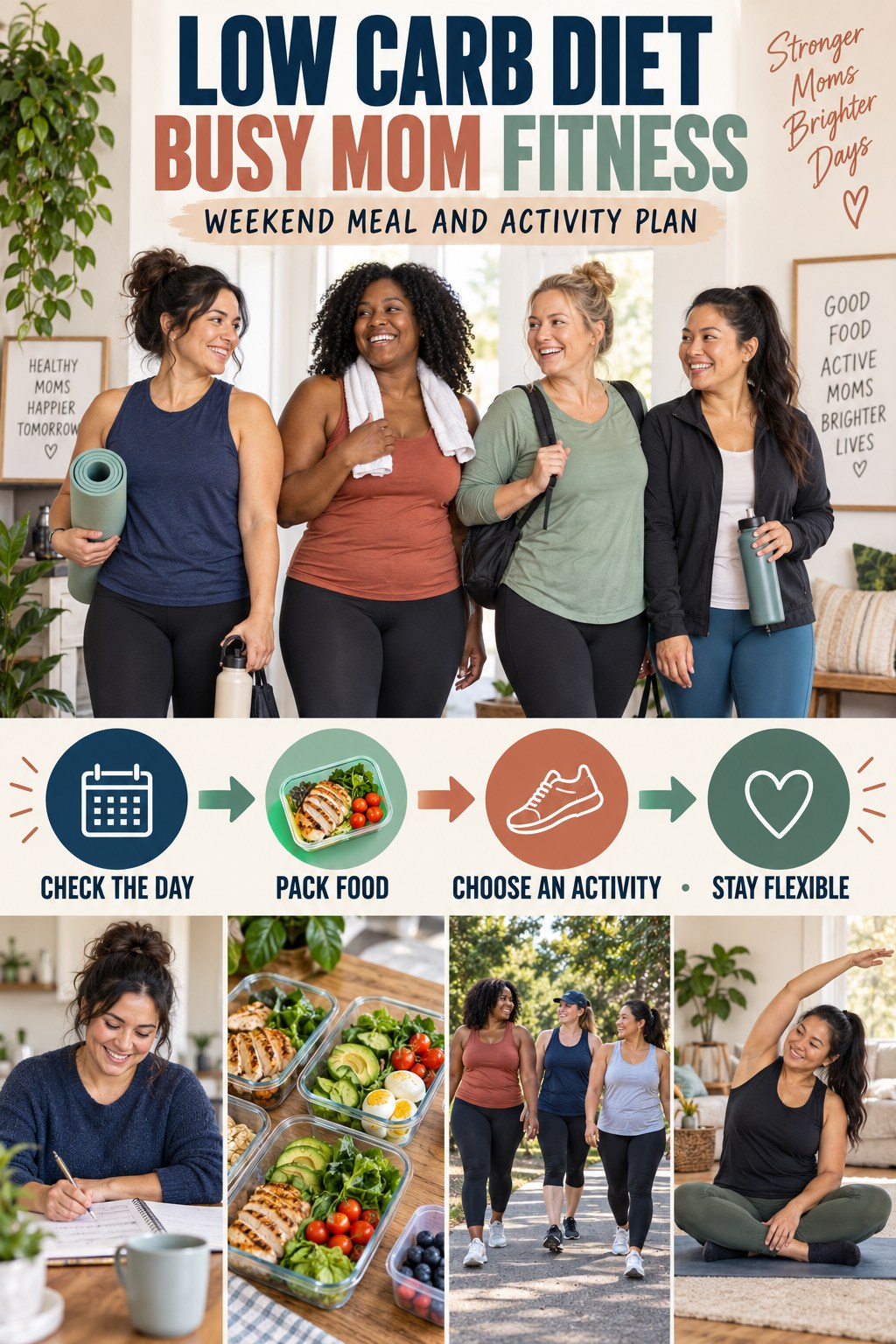 Low Carb Diet busy-mom fitness graphic titled Weekend Meal and Activity Plan with four practical movement prompts.