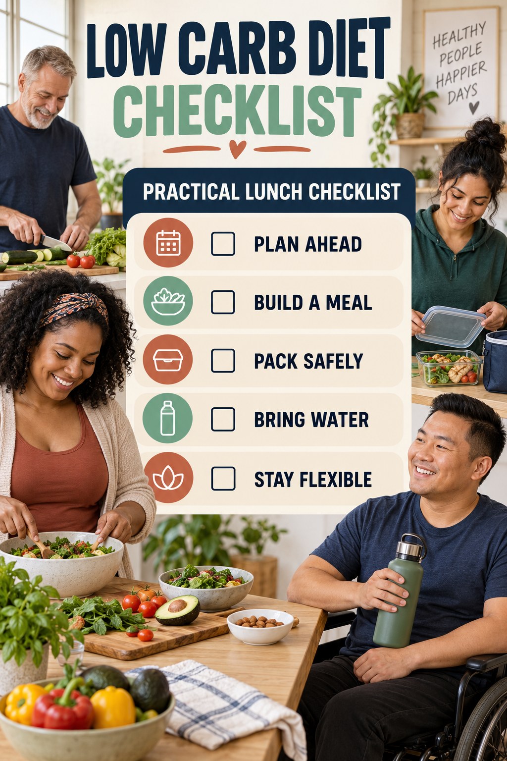 Low Carb Diet checklist graphic titled Practical Lunch Checklist with five clear practical wellness items.
