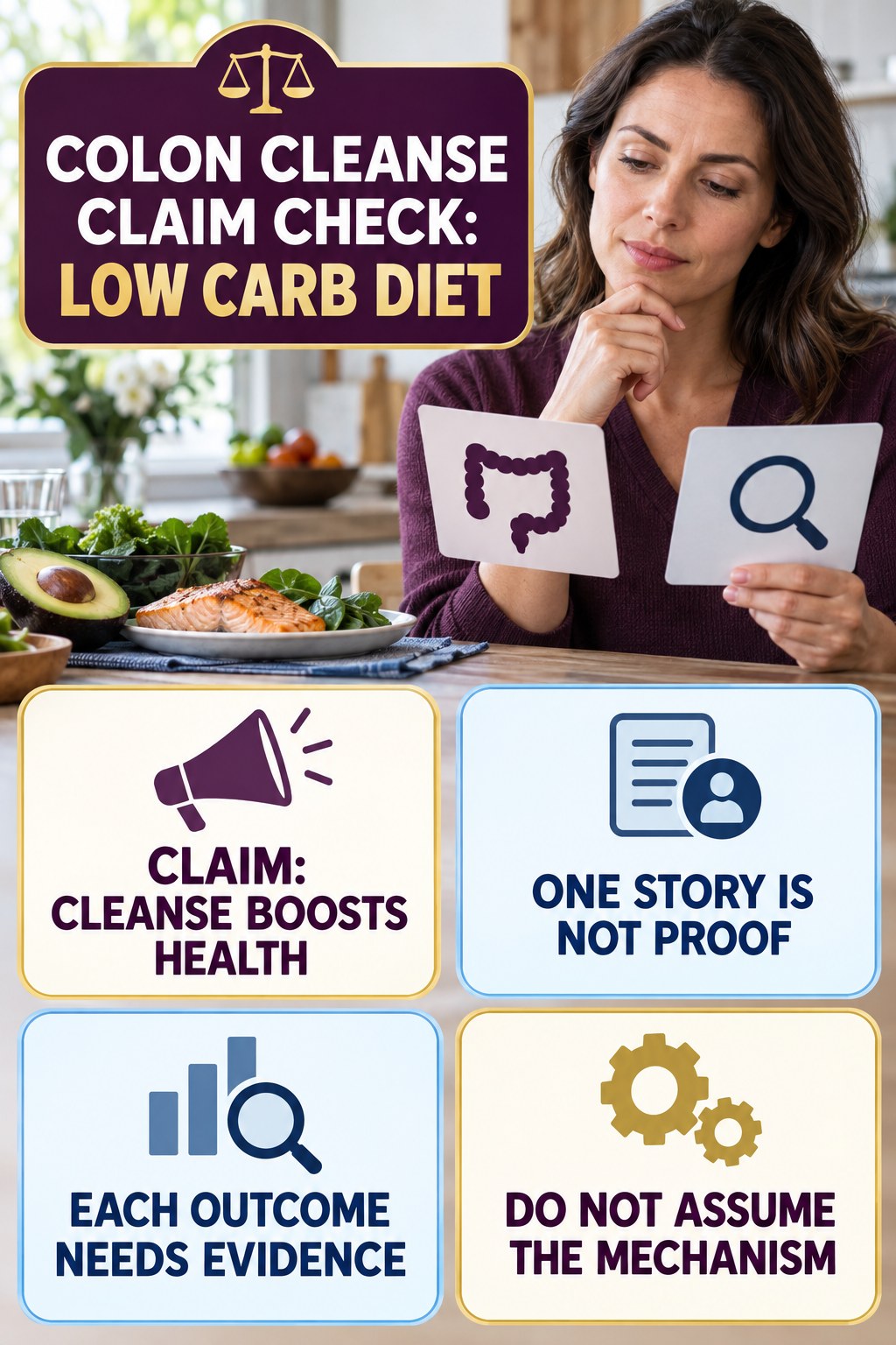 Skin, Energy, and Immunity Claims infographic for Low Carb Diet, separating a colon-cleanse marketing claim from evidence, reasonable conclusions, and safety context.